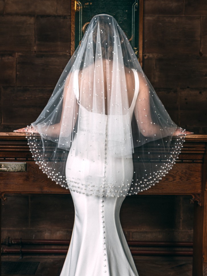Perfect Bridal Ivory Two Tier Heavily Embellished Short Pearl Veil