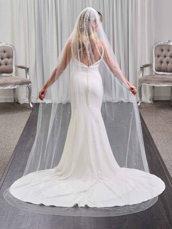 San Diego Ivory Single Tier Pearl Embellished Long Veil (voile long ivoire à un seul étage orné de perles)