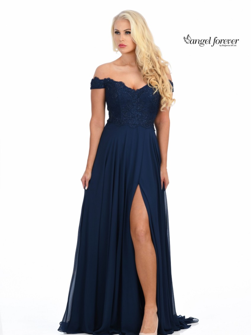Photograph: Angel Forever Off The Shoulder Chiffon Prom Dress with Lace Bodice (Navy)
