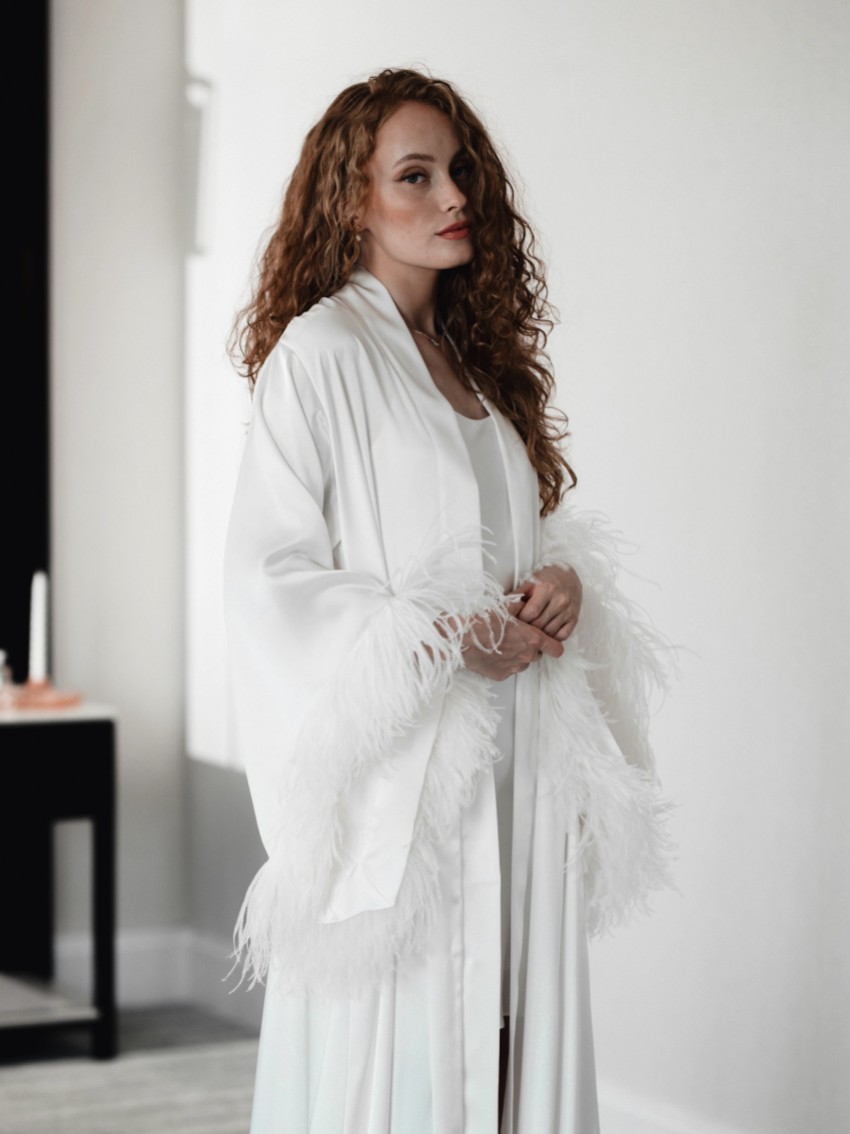 Photograph: Arianna Florence Feather Sleeve Satin Bridal Robe (Ivory)