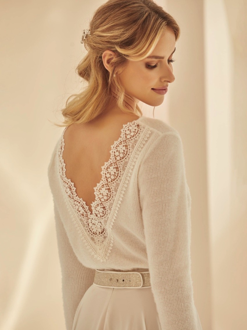 Photograph: Bianco Ivory Knitted Lace V Back Long Sleeve Bridal Jumper E344
