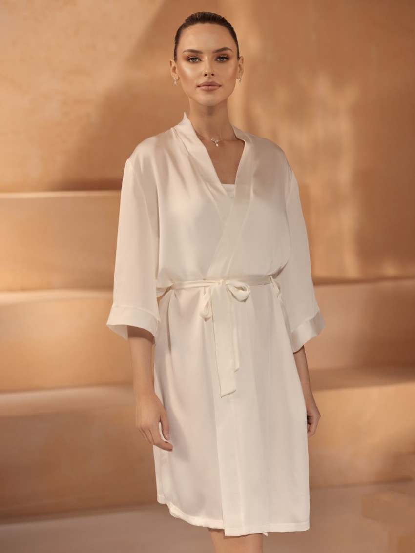 Photograph: Bianco Ivory Satin 3/4 Length Sleeve Bridal Robe E439
