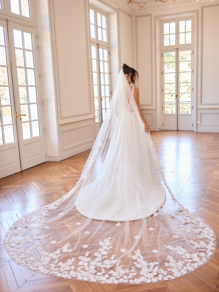 Photograph: Bianco Ivory Single Tier 3D Flower Royal Length Veil S550