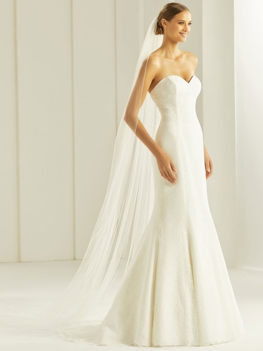Photograph: Bianco Ivory Single Tier Beaded Edge Cathedral Veil S305 (voile cathédrale à un étage avec des perles)