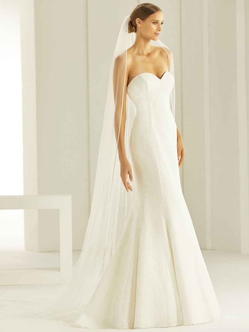 Photograph: Bianco Ivory Single Tier Satin Edge Cathedral Veil with Crystals S296 (voile cathédrale à un étage avec cristaux)