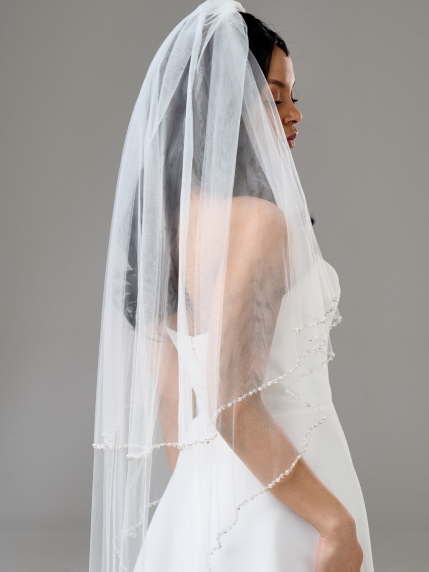 Two-Tier Pearl Beaded Tulle Waist Veils for Wedding