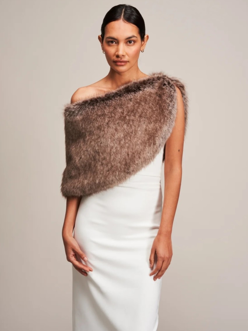 Photograph: Helen Moore Truffle Faux Fur Wedding Wrap