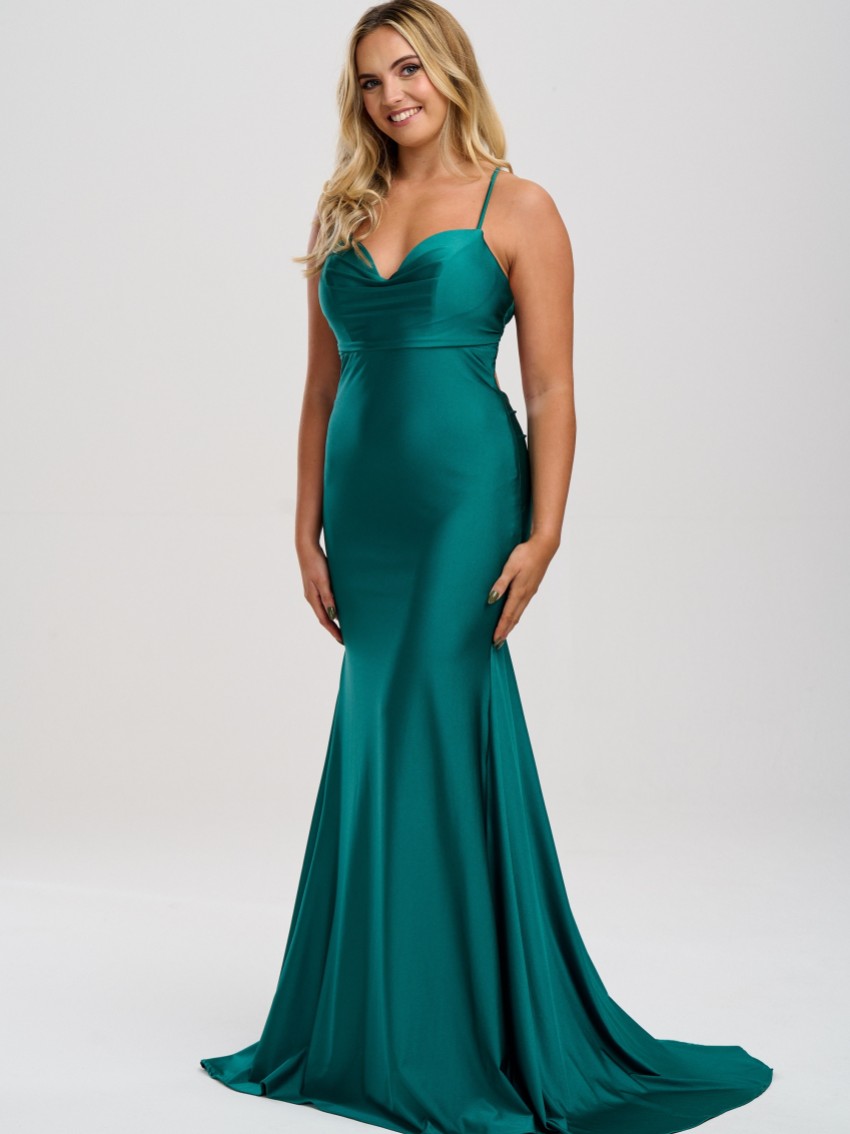 Photograph: Linzi Jay Cowl Neck Backless Stretch Satin Prom Dress with Train