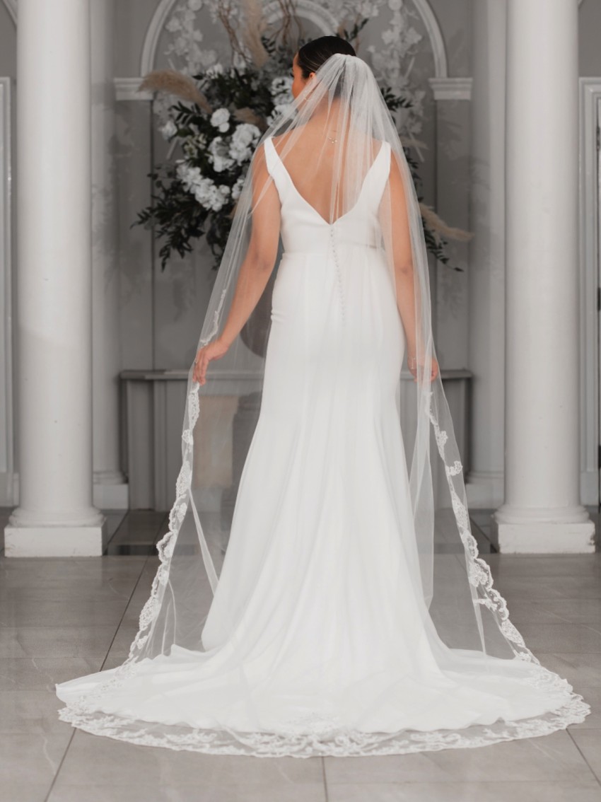 Photograph: Linzi Jay Single Tier Ivory Cathedral Veil with Beaded Lace Edge V742