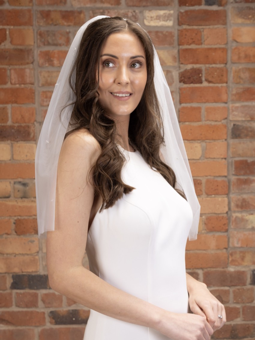 Photograph: Perfect Bridal Ivory Single Tier Cut Edge Scattered Crystal Short Veil