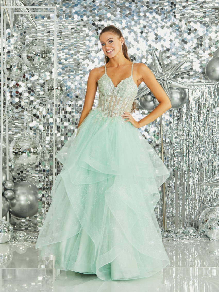 Photograph: Tiffanys Skye Pale Green Sparkly Ruffle Prom Dress with Floral Bodice