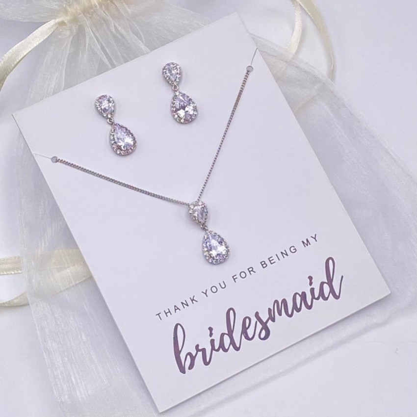 Photograph: 'Thank You For Being My Bridesmaid' Silver Teardrop Crystal Jewellery Set