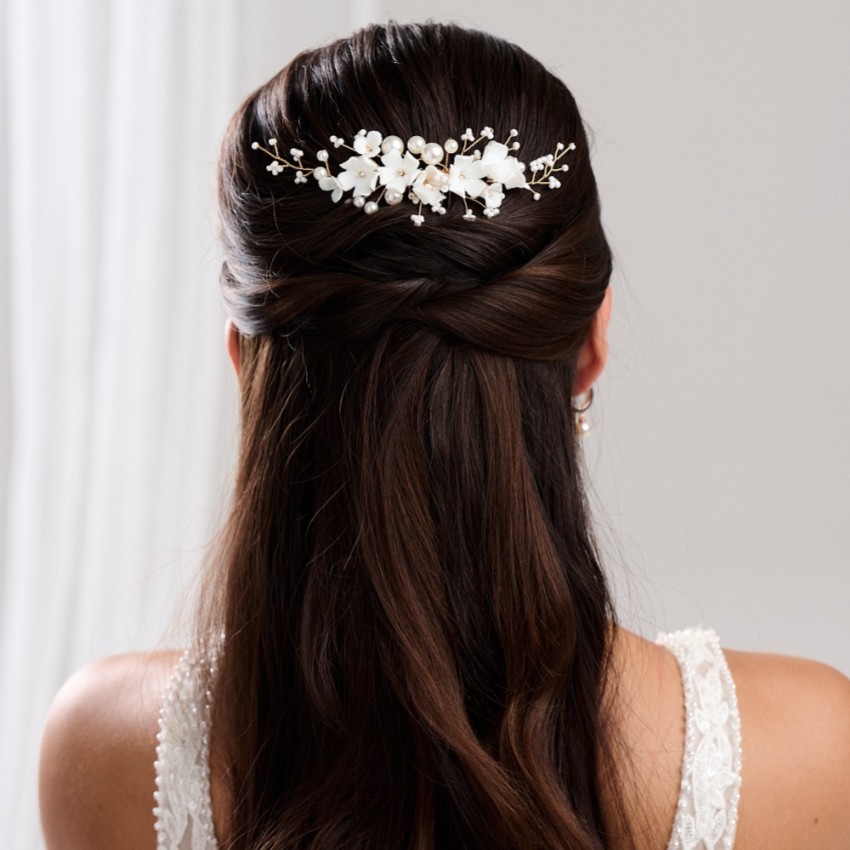 Photograph: Anemone Ivory Porcelain Flowers and Pearl Wedding Hair Comb (Gold)