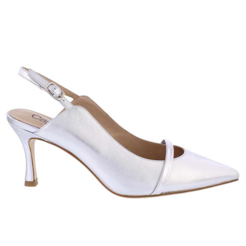 Photograph: Capollini Emory Silver Leather Mid Heel Slingbacks with Patent Strap