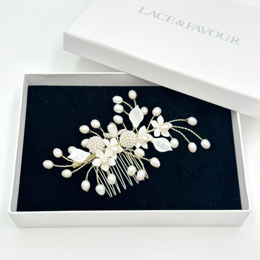 Photograph: Fortune Gold Pearl Spray Floral Wedding Hair Comb