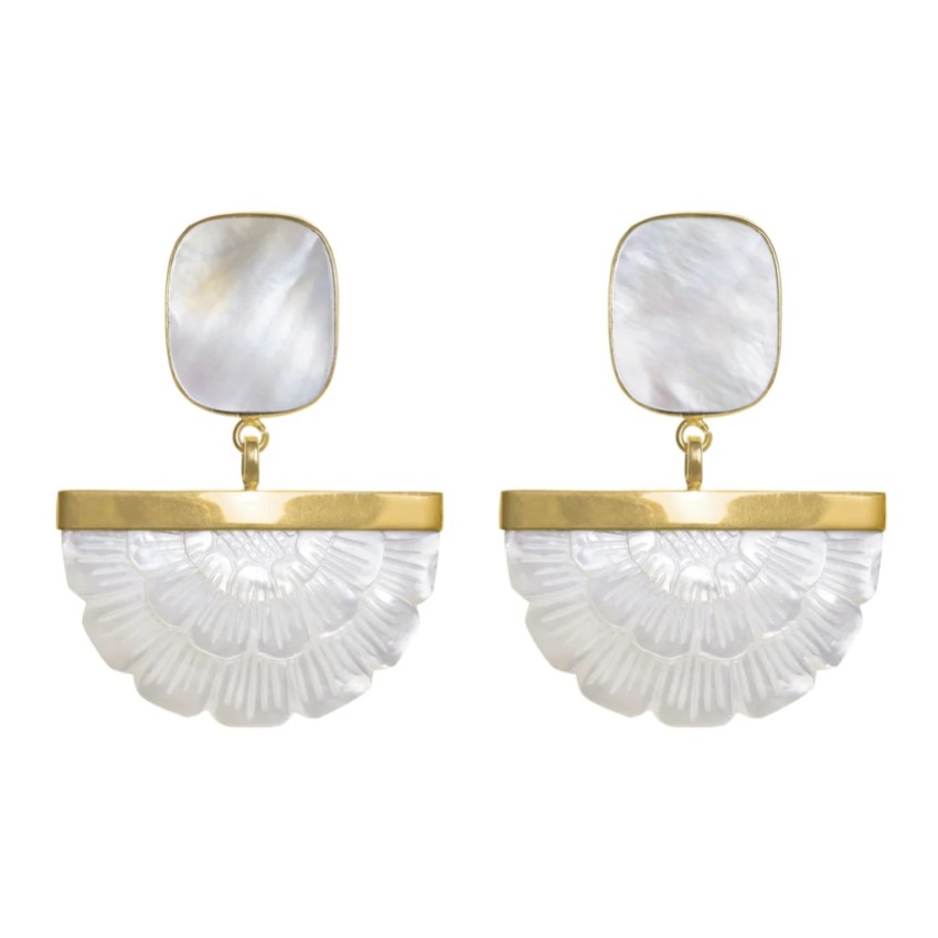 Photograph: Freya Rose Gold Hand Carved Mother of Pearl Rose Fan Drop Earrings