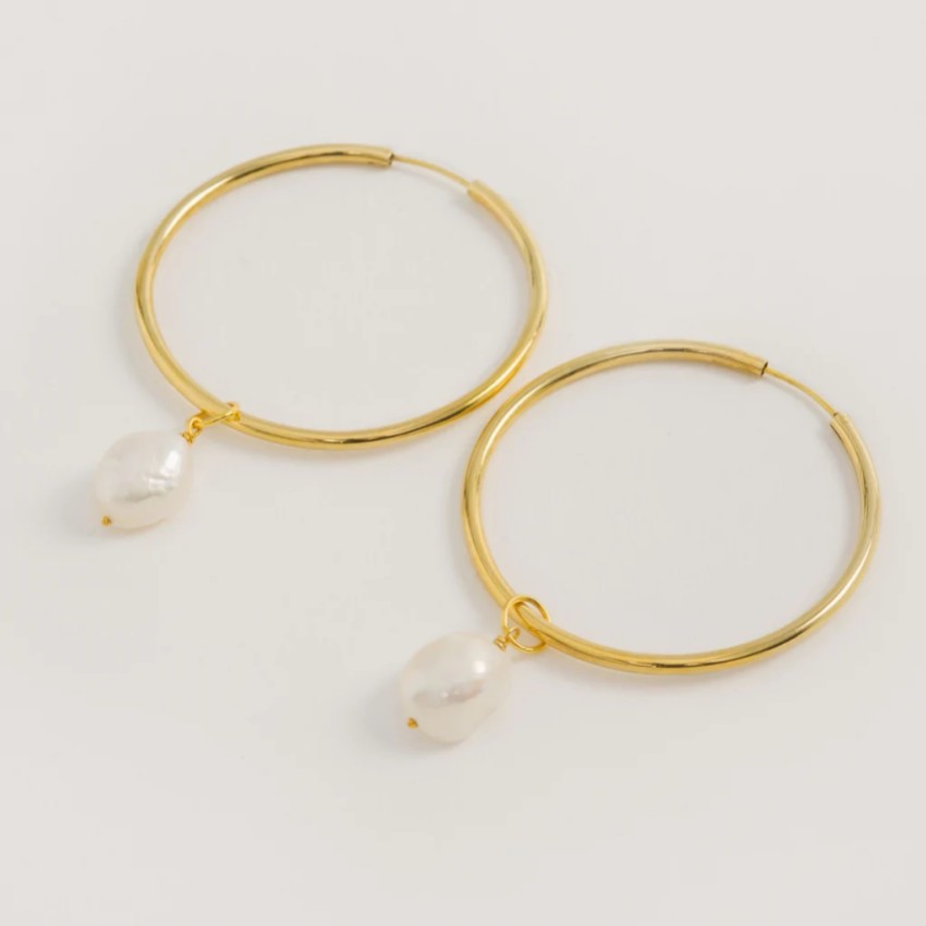 Photograph: Freya Rose Large Gold Hoop Earrings with Baroque Pearls