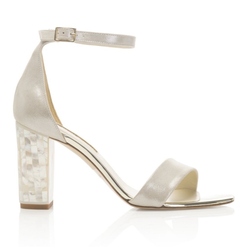 Photograph: Freya Rose Martene Champagne Suede Mother of Pearl Block Heel Sandals