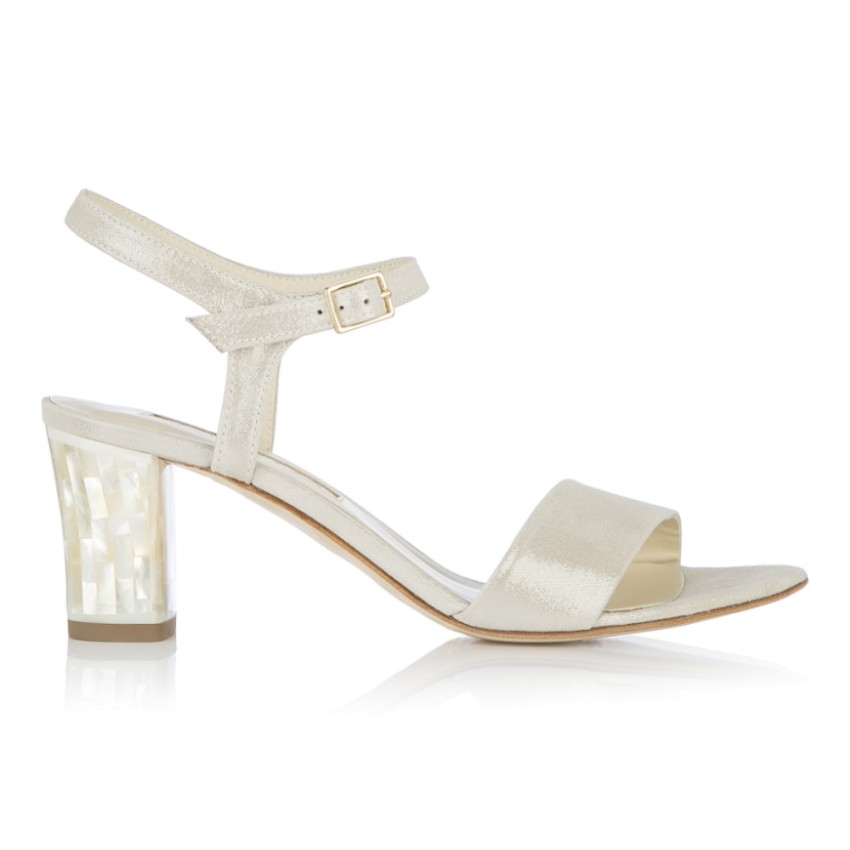Photograph: Freya Rose Martina Midi Champagne Suede Mother of Pearl Block Heel Sandals