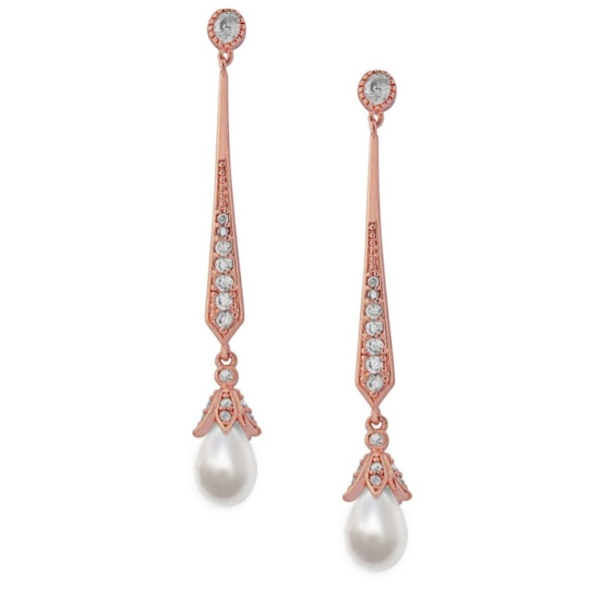 Photograph: Geneva Long Pearl Drop Wedding Earrings (Rose Gold)