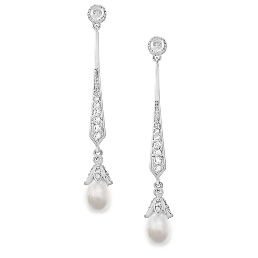 Photograph: Geneva Long Pearl Drop Wedding Earrings (Silver)