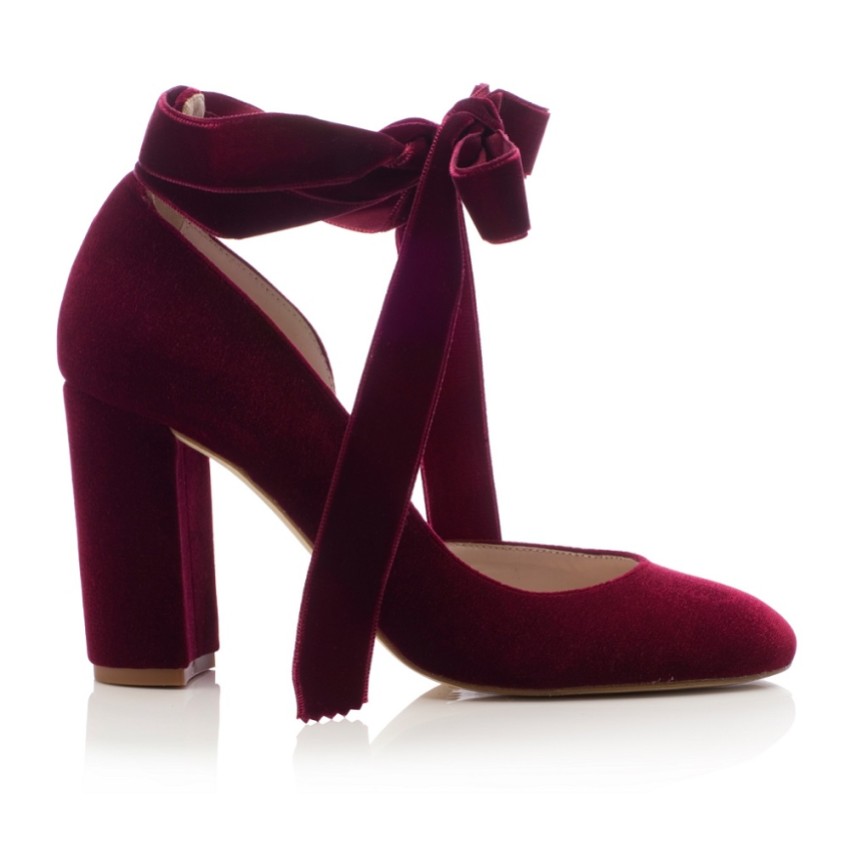 Photograph: Harriet Wilde Hetty Bordo Velvet Tie Up Block Heel Court Shoes