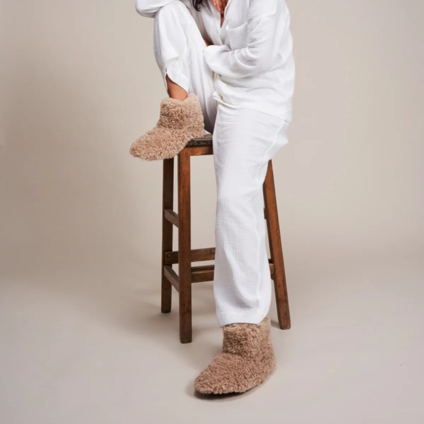 Photograph: Helen Moore Taupe Faux Sheepskin Slipper Boots