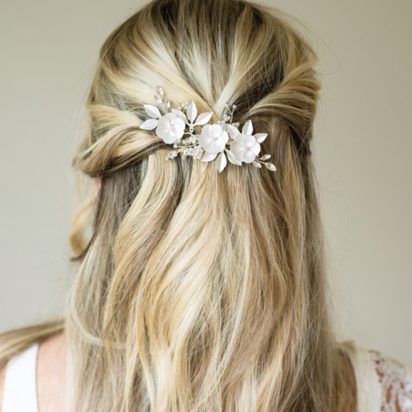 Photograph: Ivory and Co Gardenia Silver Dainty Crystal and Pearl Floral Hair Clip