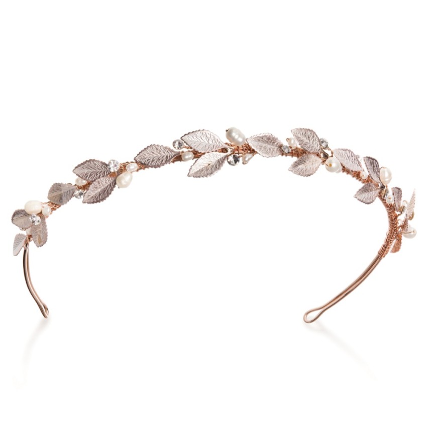 Photograph: Ivory and Co Pearl Mist Rose Gold Enameled Leaves Headband