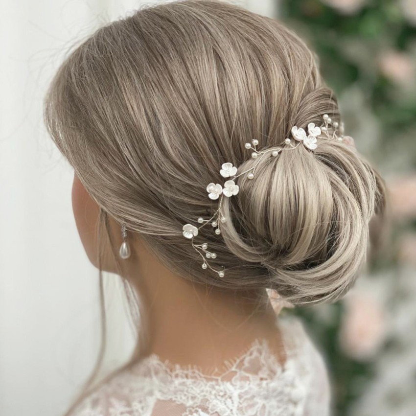 Photograph: Letisha Ivory Flowers and Pearl Sprigs Wedding Hair Vine (Silver)