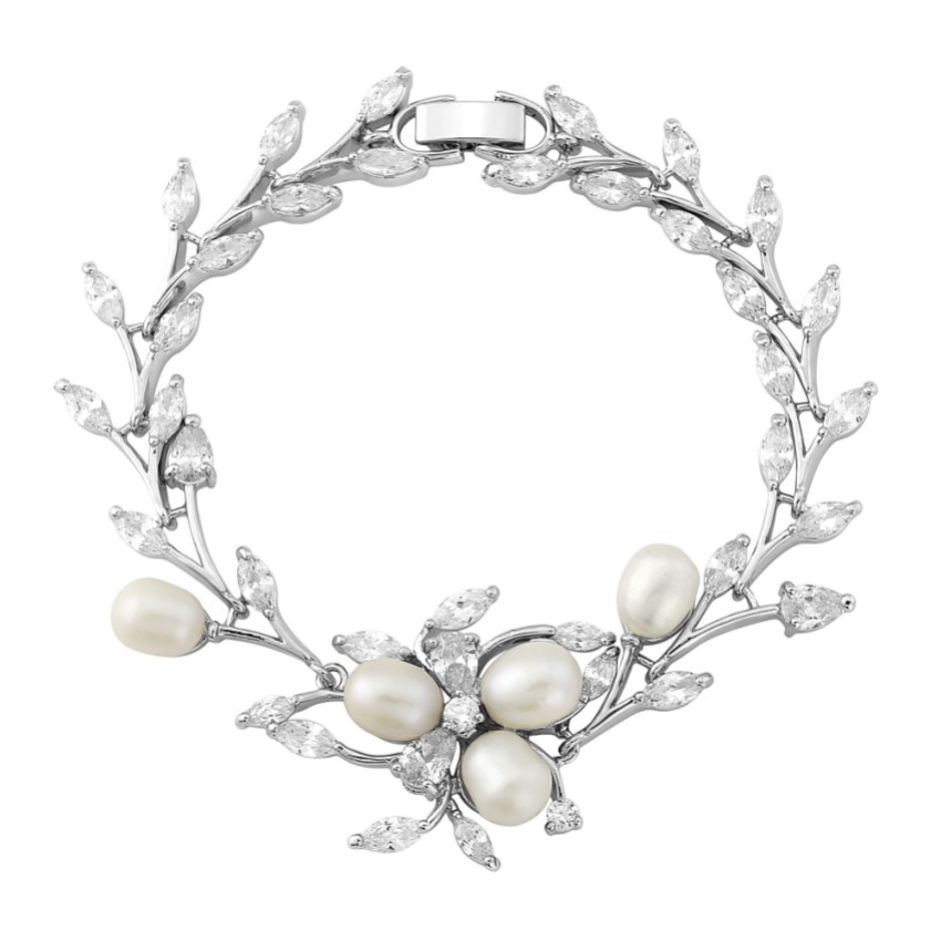 Photograph: Lola Freshwater Pearl and Crystal Leaves Wedding Bracelet (Silver)