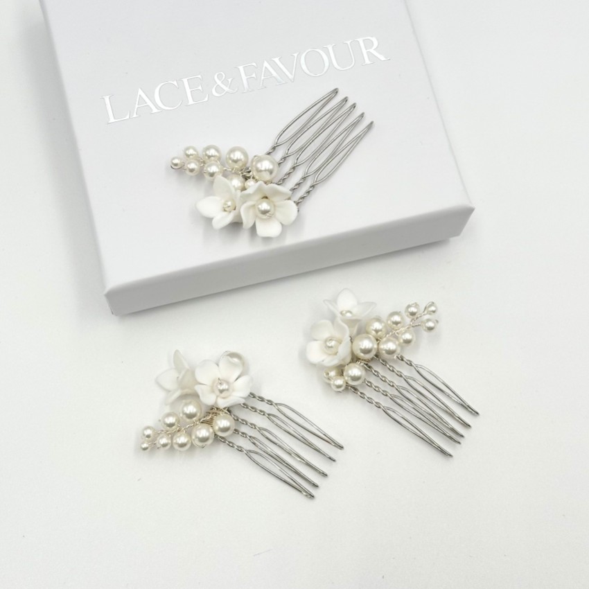 Photograph: Mirabelle Set of 3 Ivory Ceramic Flower and Pearl Mini Hair Combs