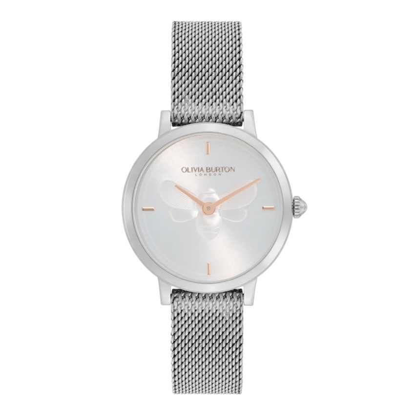 Fotograf: Olivia Burton Bee 28mm Ultra Slim Metallic Weiß und Silber Mesh Uhr