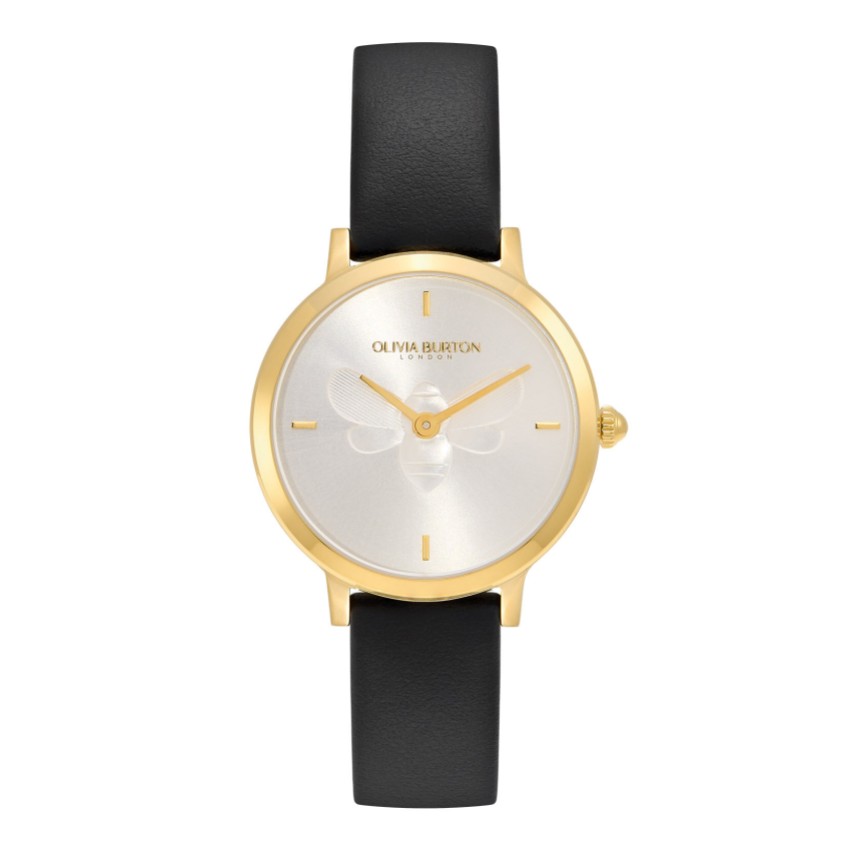 Fotograf: Olivia Burton Bee 28mm Ultra Slim Uhr mit goldenem und schwarzem Lederarmband