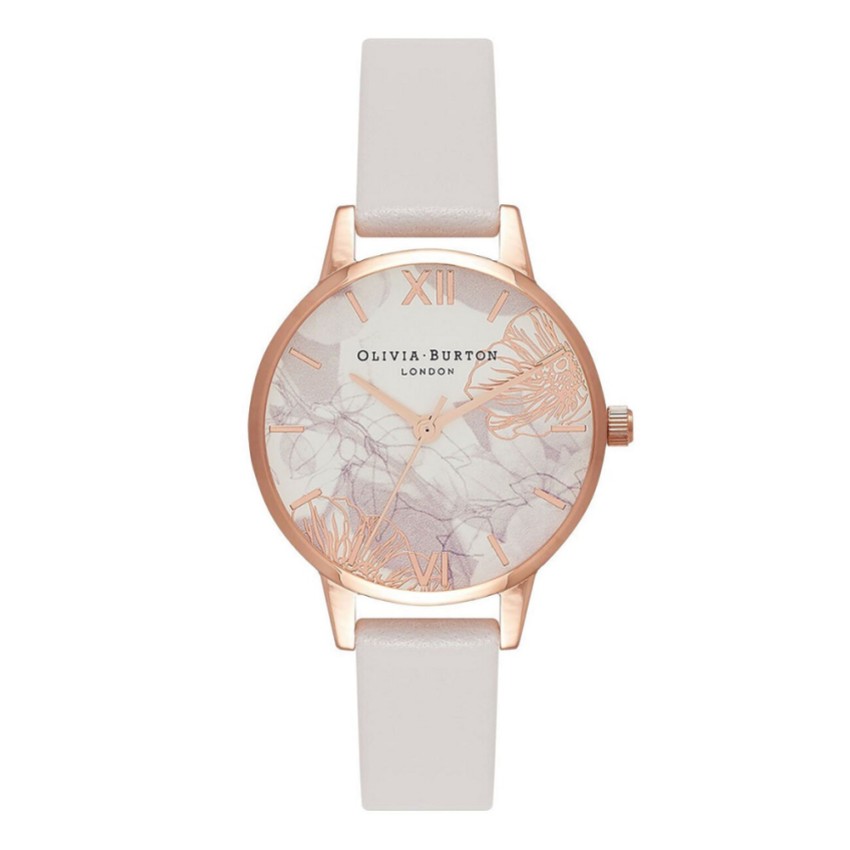 Photograph: Olivia Burton Floral 30mm Rose Gold and White Leather Strap Watch