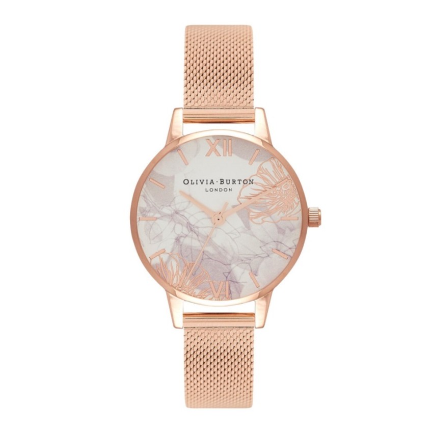 Photograph: Olivia Burton Floral 30mm White and Rose Gold Mesh Watch