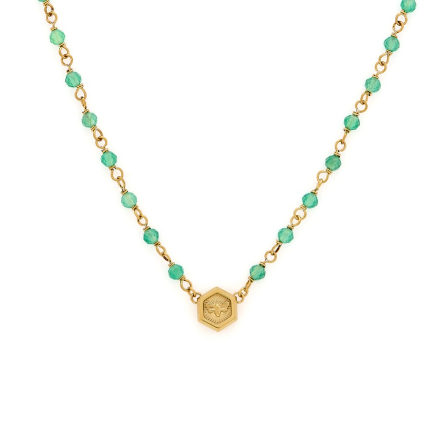 Photograph: Olivia Burton Minima Bee Green and Gold Plated Beaded Charm Necklace