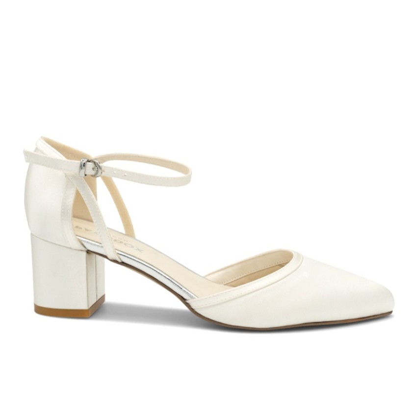 Photograph: Paradox London Aviana Dyeable Ivory Satin Low Block Heel Ankle Strap Court Shoes