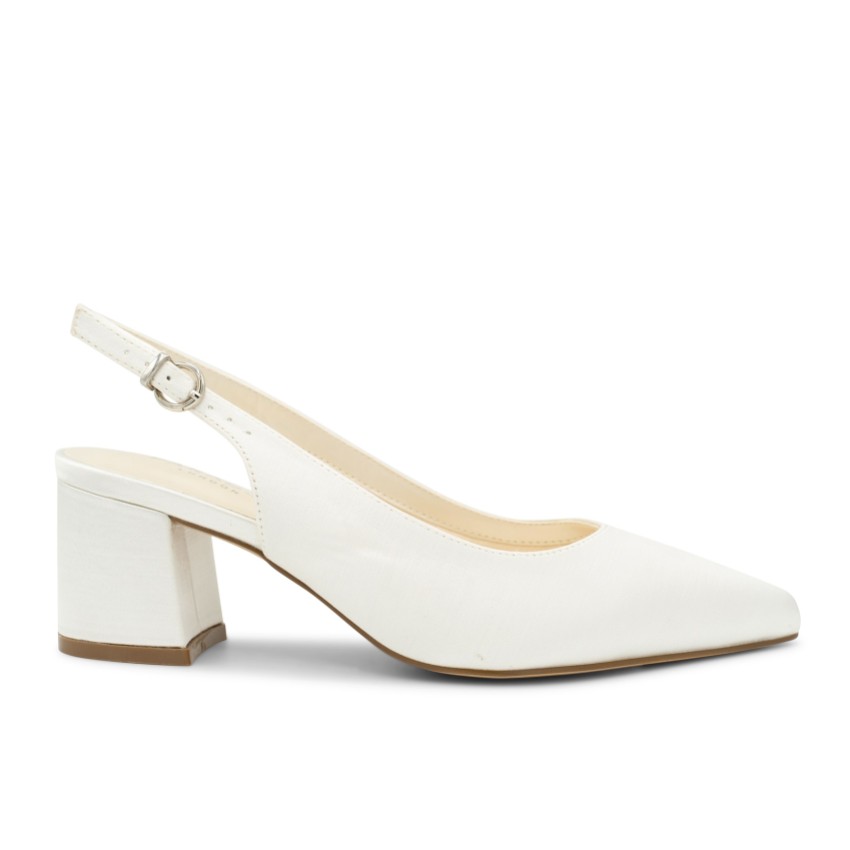 Photograph: Paradox London Bessy Dyeable Ivory Satin Wide Fit Slingback Low Block Heels