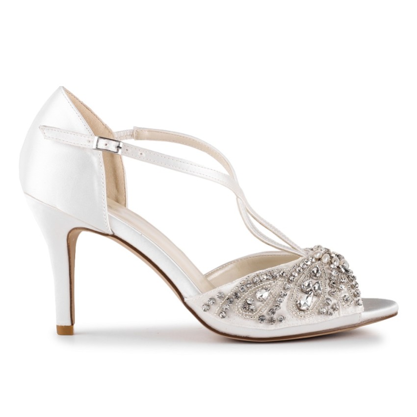 Photograph: Paradox London Elin Ivory Satin Crystal Embellished T-Bar Sandals