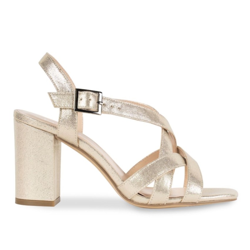 Photograph: Paradox London Hilde Champagne Shimmer Wide Fit Block Heel Sandals (Sandales à talons hauts)