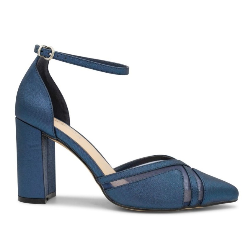 Photograph: Paradox London Rhea Navy Shimmer Block Heel Ankle Strap Court Shoes