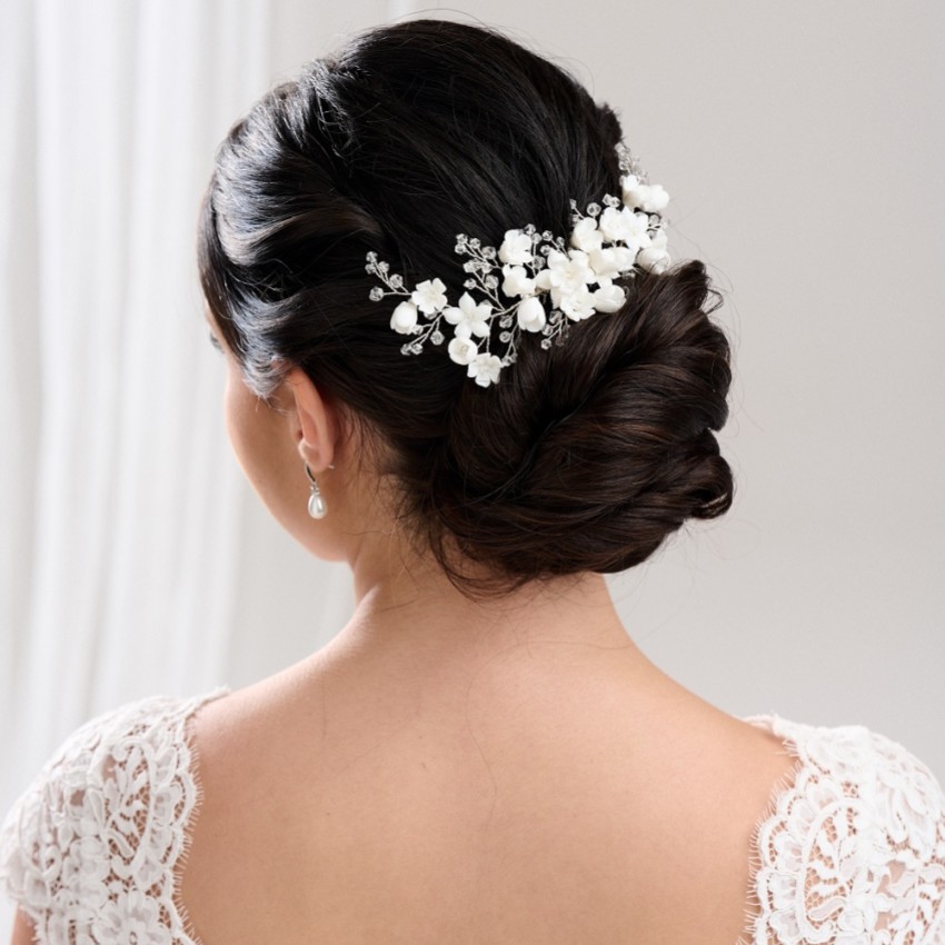 Photograph: Peigne à cheveux en porcelaine de bois de rose avec fleurs et cristaux (argent)