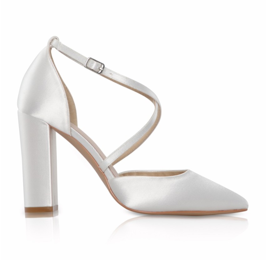 Photograph: Perfect Bridal Kiera Ivory Dyeable Satin Cross Strap Block Heel Courts