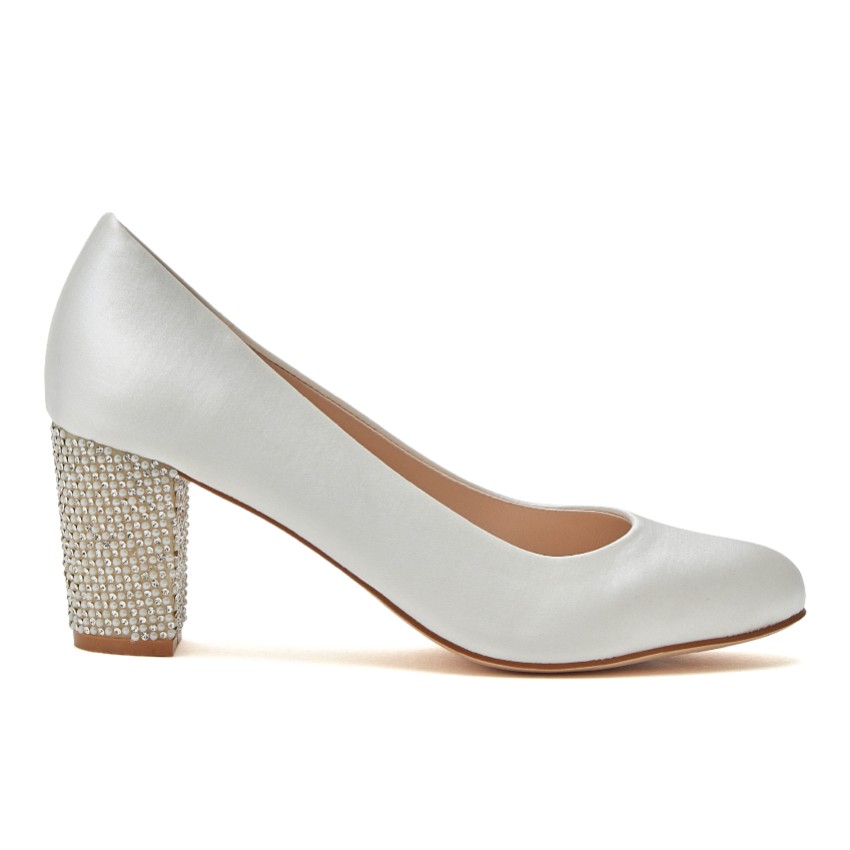 Photograph: R Collection Eloise Ivory Satin Sparkly Block Heel Court Shoes