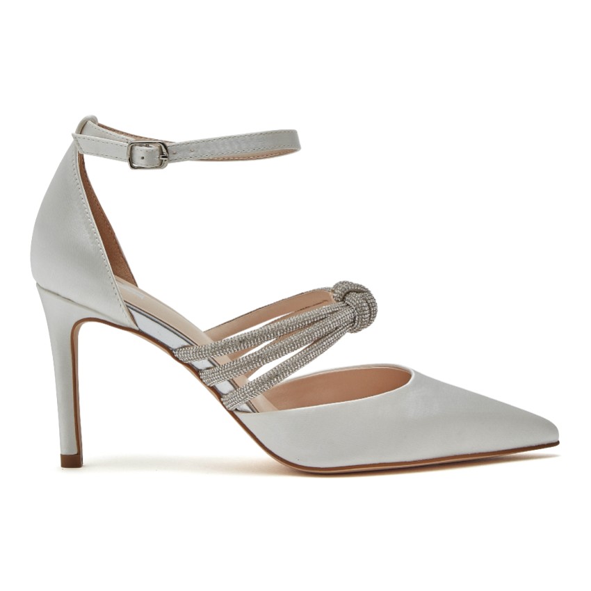 Photograph: R Collection Emery Ivory Satin Diamante Knotted Ankle Strap Heels