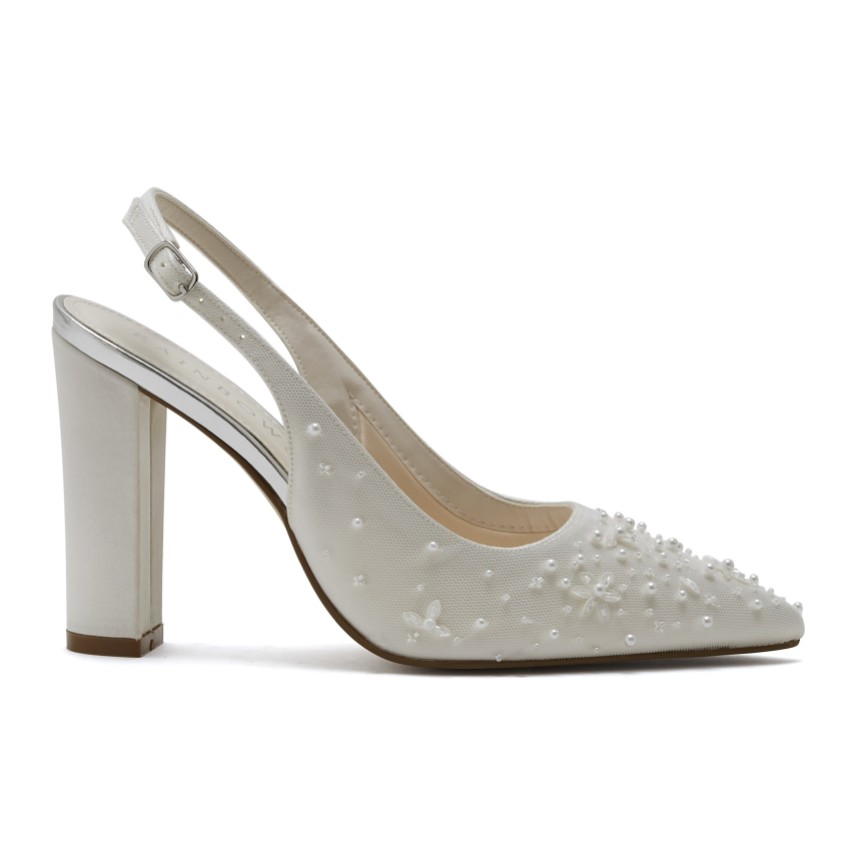 Photograph: Rainbow Club Aurora Ivory Satin Wide Fit Beaded Slingback Block Talons