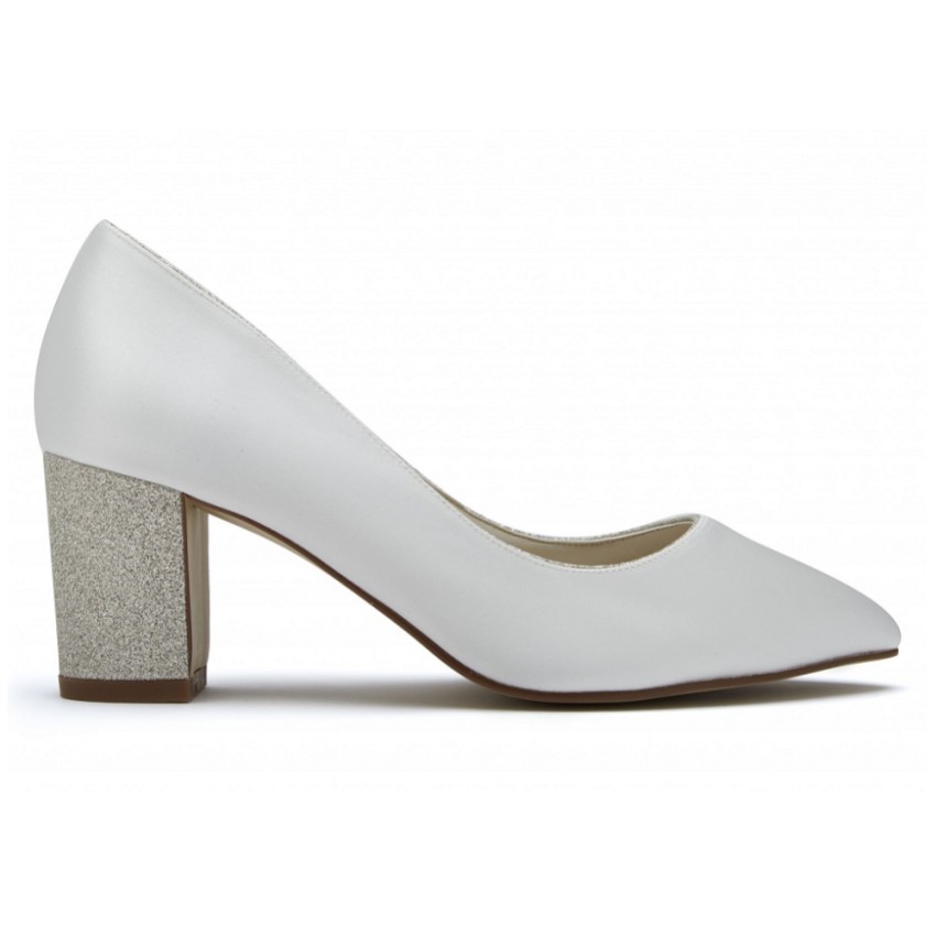 Photograph: Rainbow Club Bambi Dyeable Ivory Satin and Silver Gitter Block Heel Courts