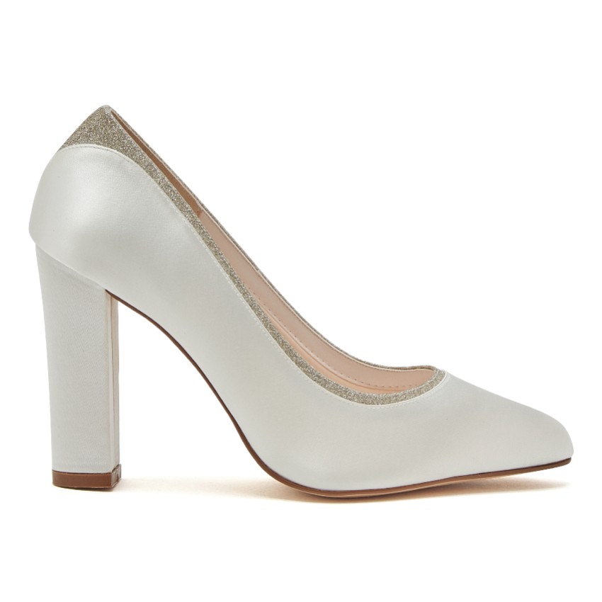 Photograph: Rainbow Club Billie II Dyeable Ivory Satin and Silver Glitter Wide Fit Court Shoes