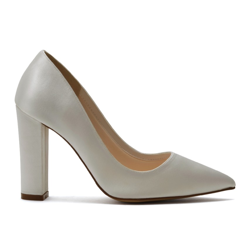 Photograph: Rainbow Club Remi Dyeable Ivory Satin Wide Fit Block Heel Courts